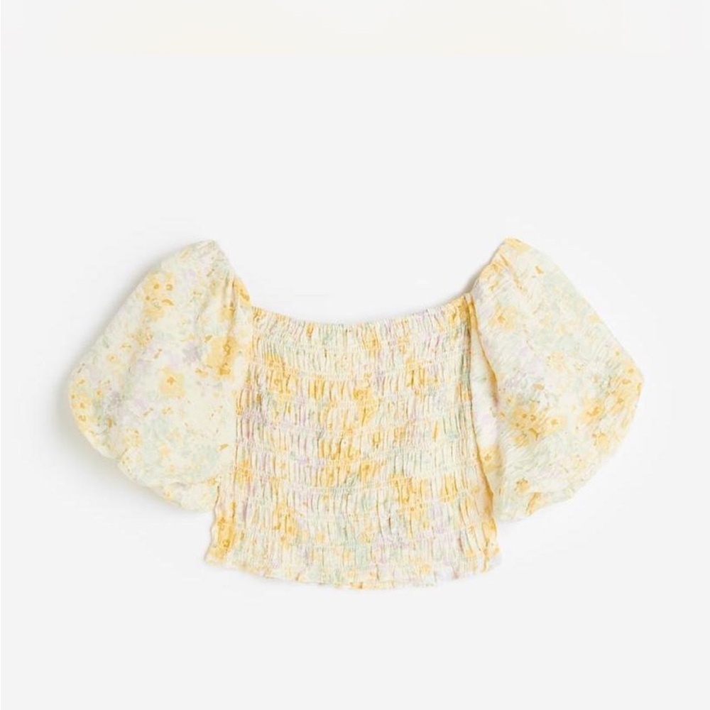 H&M Floral Smocked Off the Shoulder Cropped Top Balloon Sleeves Yellow Purple